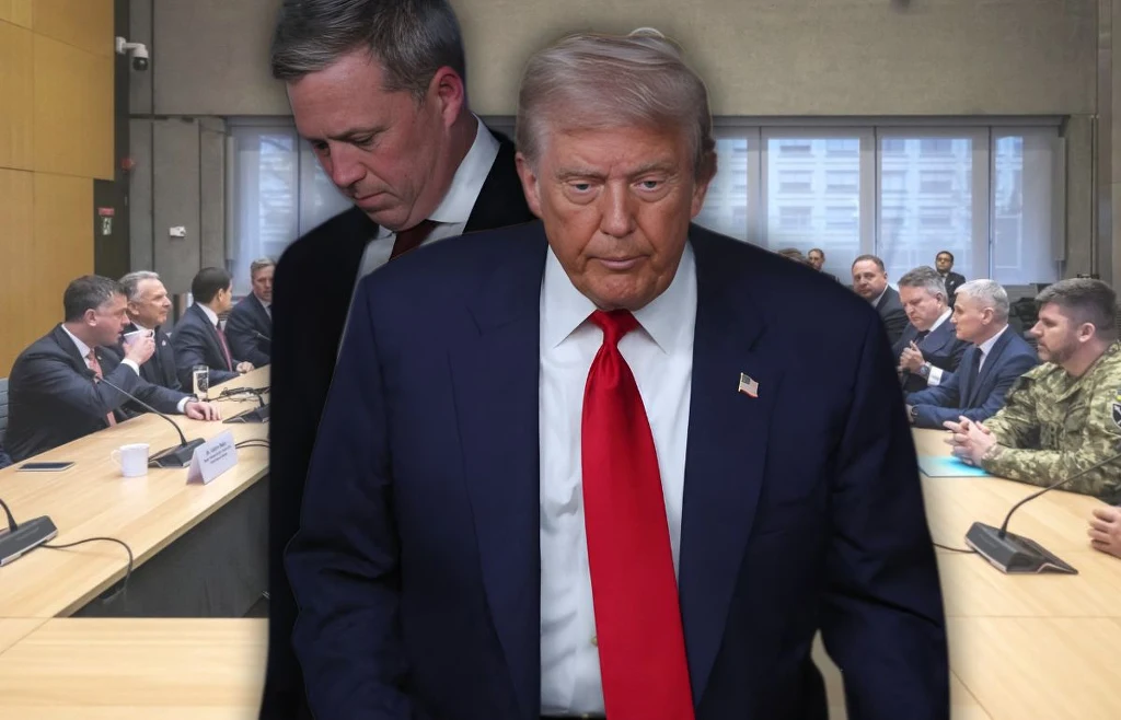 Sekretarz armii USA Dan Driscoll miał naciskać, by Ukraina przyjęła pierwotną wersję planu pokojowego Dwóch mężczyzn na pierwszym planie, jeden w garniturze z czerwoną krawatą na tle sali konferencyjnej z siedzącymi przy stole osobami, w tym wojskowym w mundurze. W tle duże okna z widokiem na miasto.