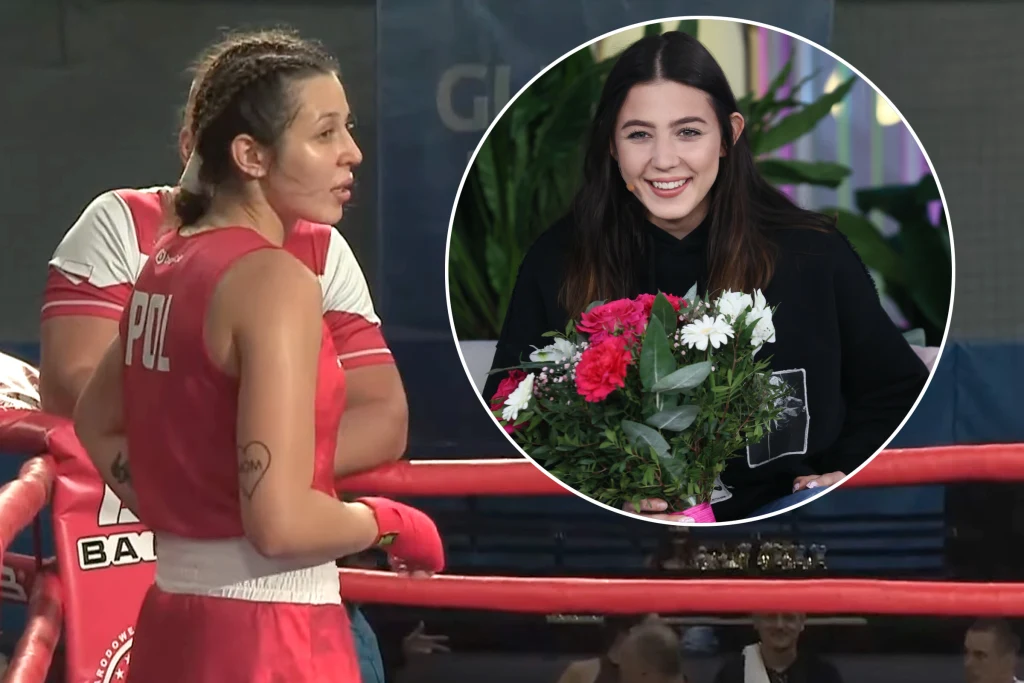 Barbara Marcinkowska została siódmą Polką, która powalczy w półfinale mistrzostw Europy U-23 Kobieta w czerwonym stroju bokserskim na ringu w trakcie zawodów, wstawka ze zdjęciem młodej kobiety trzymającej bukiet kolorowych kwiatów i uśmiechającej się do kamery.