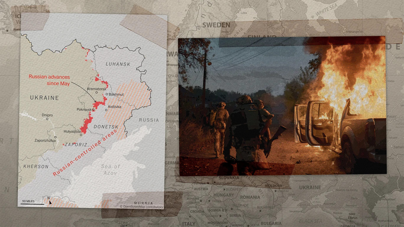 Rosjanie nie dokonali znaczących postępów na froncie w 2025 roku Po lewej stronie mapa wschodniej Ukrainy z zaznaczonymi rosyjskimi postępami od maja oraz obszarami kontrolowanymi przez Rosję, po prawej dwóch żołnierzy i spalony samochód stojący w ogniu na tle wieczornego nieba.