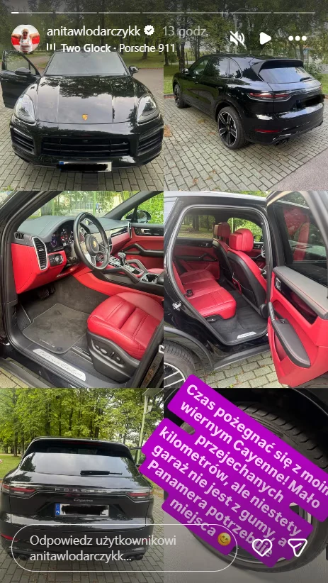 Sprzedawany egzemplarz to Cayenne Platinum Edition z rocznika 2022, odebrany z salonu w kwietniu 2023 r. Czarny samochód Porsche Cayenne z charakterystycznym czerwonym skórzanym wnętrzem, widoczny z różnych perspektyw na kilku zdjęciach, zaparkowany na tle zielonych drzew i kostki brukowej.