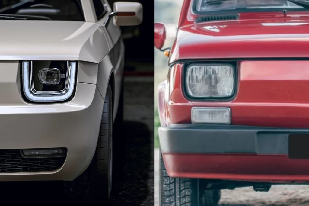 Porównanie przednich części dwóch samochodów – nowoczesnego białego auta z charakterystycznym reflektorem LED oraz klasycznego czerwonego samochodu z prostym, kwadratowym reflektorem i plastikowym zderzakiem.