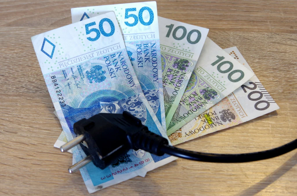 Banknoty polskich złotych ułożone wachlarzowo na drewnianym blacie, na których oparty jest czarny przewód z wtyczką elektryczną.