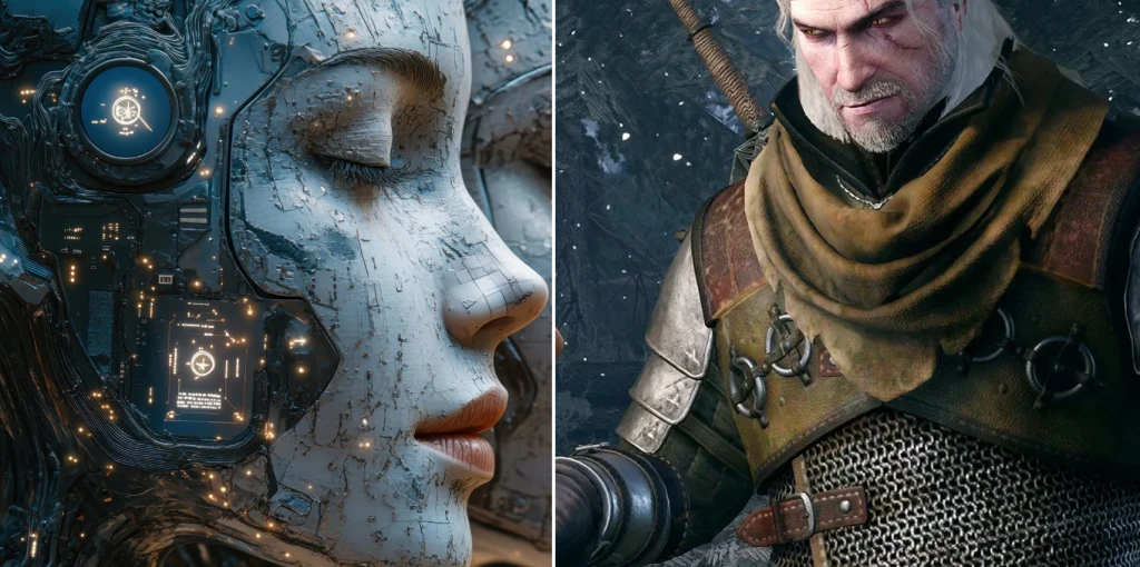 Po lewej stronie kobieca twarz w stylu cybernetycznym z elementami robotycznymi oraz światłami podkreślającymi skomplikowaną technologię, po prawej mężczyzna w zbroi z surowym wyrazem twarzy, ubrany w ubranie przypominające średniowiecznego wojownika.