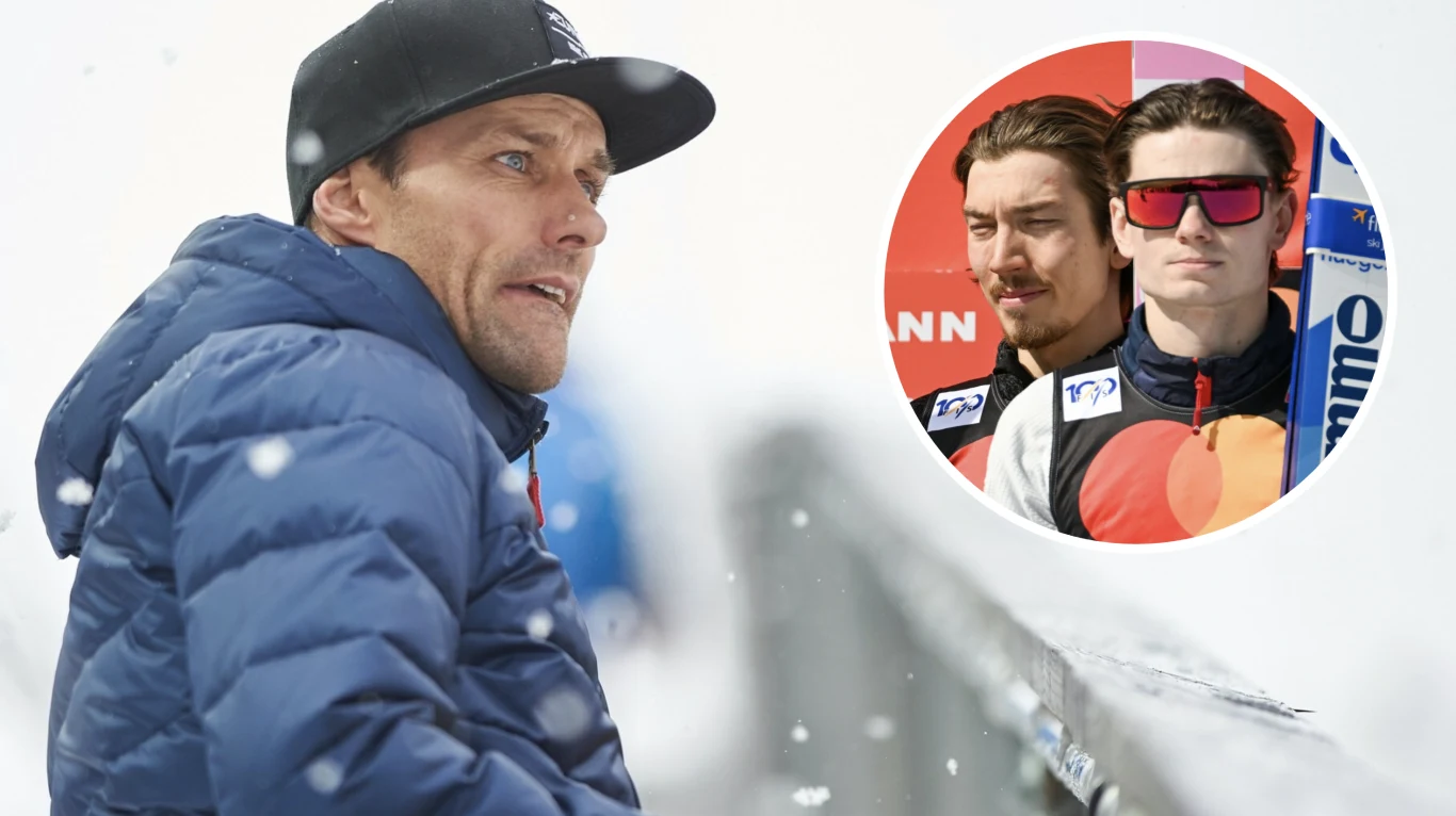 Sven Hannawald grzmi ws. Forfanga i Lindvika Mężczyzna w niebieskiej kurtce i czapce z daszkiem spogląda w bok na tle śnieżnego krajobrazu, w prawym górnym rogu umieszczone jest okrągłe zdjęcie dwóch młodych mężczyzn w sportowych strojach z logotypami sponsorów, jeden z nich ma okulary przeciwsło...