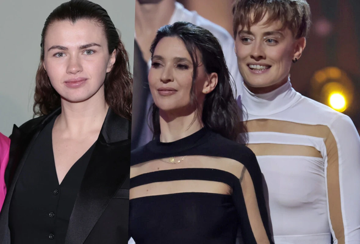 Julia Walczak, Janja Lesar i Katarzyna Zillmann Trzy osoby stoją obok siebie, dwie ubrane w kostiumy estradowe z prześwitującymi pasami, a jedna w czarnej marynarce, wszyscy patrzą w obiektyw lub w stronę sceny.