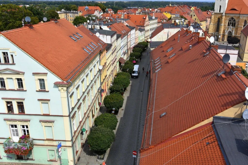 Ceny świadectw energetycznych w 2025 roku nie są odgórnie regulowane, dlatego koszty różnią się w zależności od regionu. Kamienice z czerwonymi dachami wzdłuż wąskiej uliczki otoczonej drzewami. Na ulicy zaparkowane samochody, a w tle widać panoramę miasta i zabytkowy kościół.
