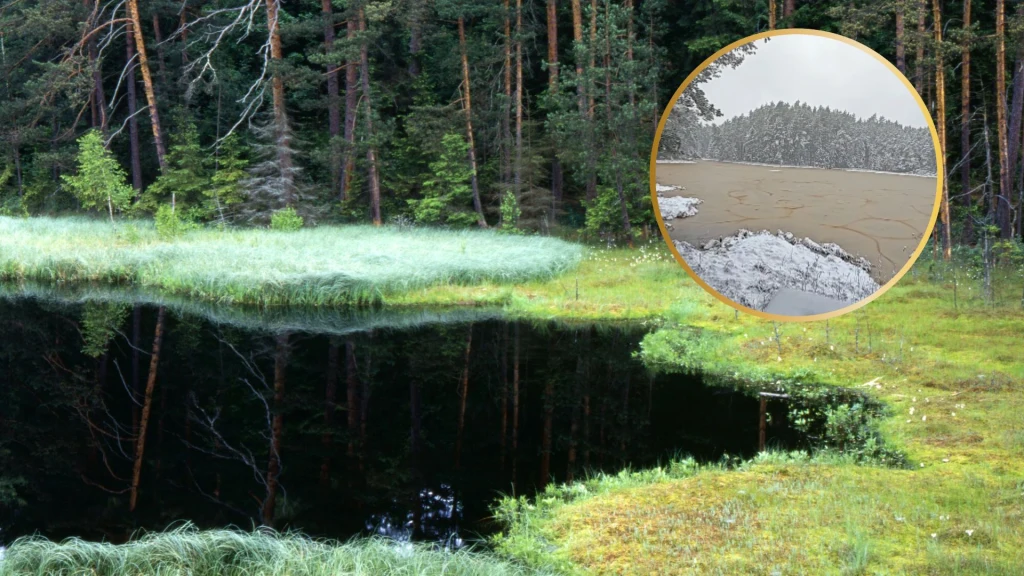 Czarne, spokojne jezioro otoczone zieloną roślinnością i gęstym lasem iglastym, z wyodrębnionym okrągłym fragmentem ukazującym to samo jezioro w innym stanie, gdzie woda jest zanieczyszczona i ma brązowy kolor, a brzegi pokrywa śnieg.