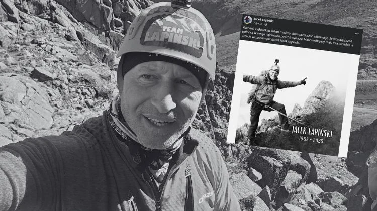 Jacek Łapiński nie żyje Mężczyzna w sprzęcie wspinaczkowym na tle górskiego krajobrazu, w tle wstawione czarno-białe zdjęcie innej osoby z podpisem upamiętniającym zmarłego.