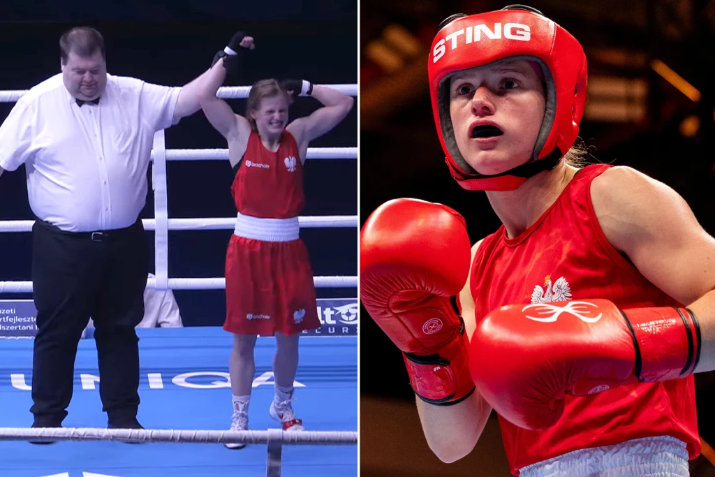 Natalia Kuczewska Bokserka w czerwonym stroju cieszy się ze zwycięstwa w ringu, sędzia unosi jej rękę; po prawej stronie portret zawodniczki w kasku oraz rękawicach bokserskich podczas walki.
