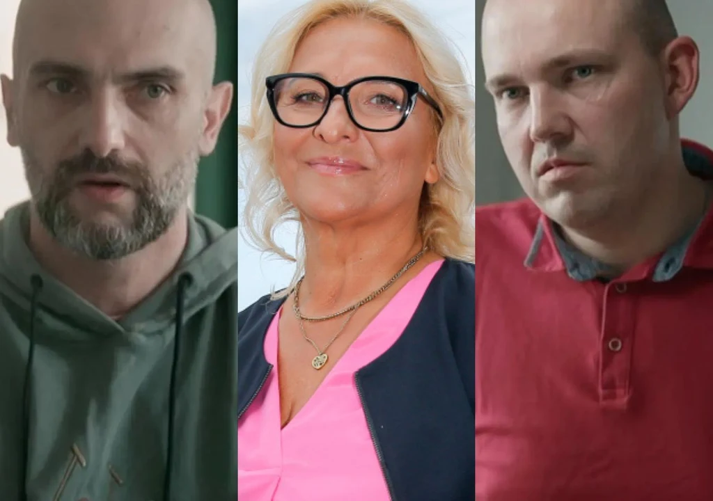 Trzy osoby ustawione w pionowych kadrach, w centrum kobieta w jasnych włosach, okularach i różowej bluzce, po bokach mężczyźni, jeden z brodą w jasnej bluzie, drugi w czerwonej koszulce z krótkimi włosami.