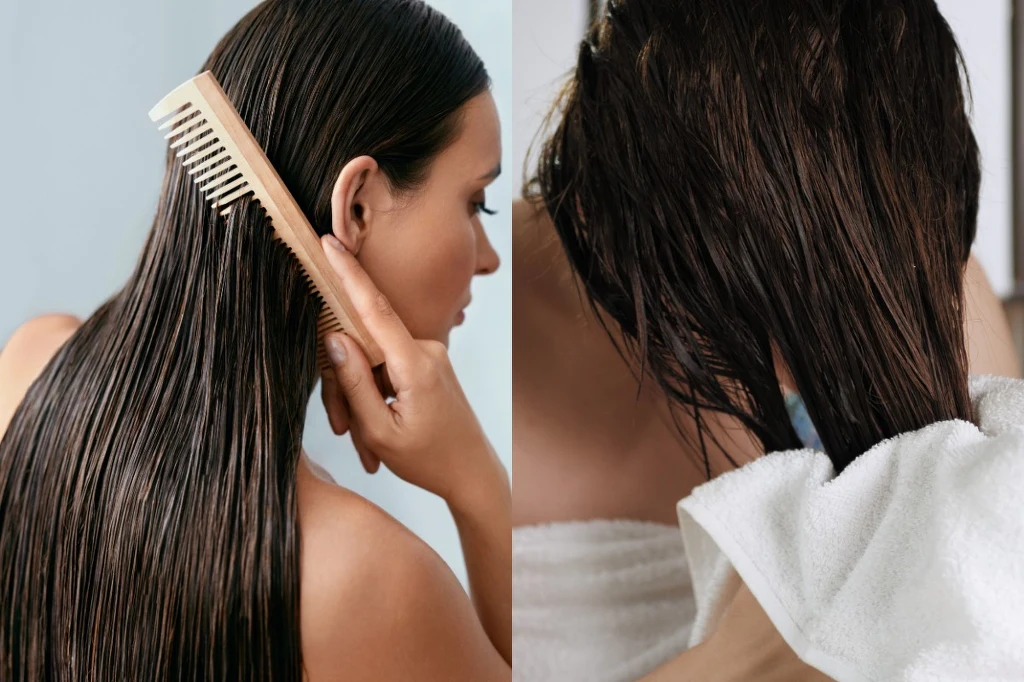 Podcinanie włosów w domowych warunkach Kobieta rozczesuje mokre włosy drewnianym grzebieniem, a obok inna osoba osusza mokre włosy ręcznikiem.