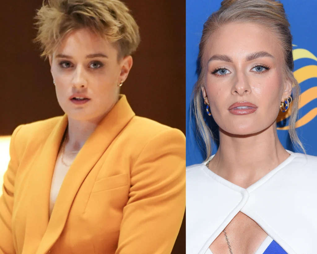 Dwie młode kobiety ustawione obok siebie, po lewej ubrana w żółtą marynarkę z krótkimi, jasnymi włosami i naturalnym makijażem, po prawej z długimi blond włosami spiętymi do tyłu, w białej i niebieskiej sukni, z wyrazistym makijażem oraz kolczykami.