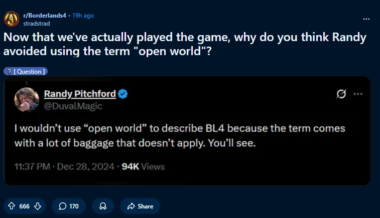 Zrzut ekranu z forum internetowego dotyczący dyskusji o grze komputerowej z widocznym cytatem z Twittera, w którym Randy Pitchford wyjaśnia, dlaczego nie użył określenia 'open world' dla gry BL4, oraz liczba wyświetleń, polubień i odpowiedzi.