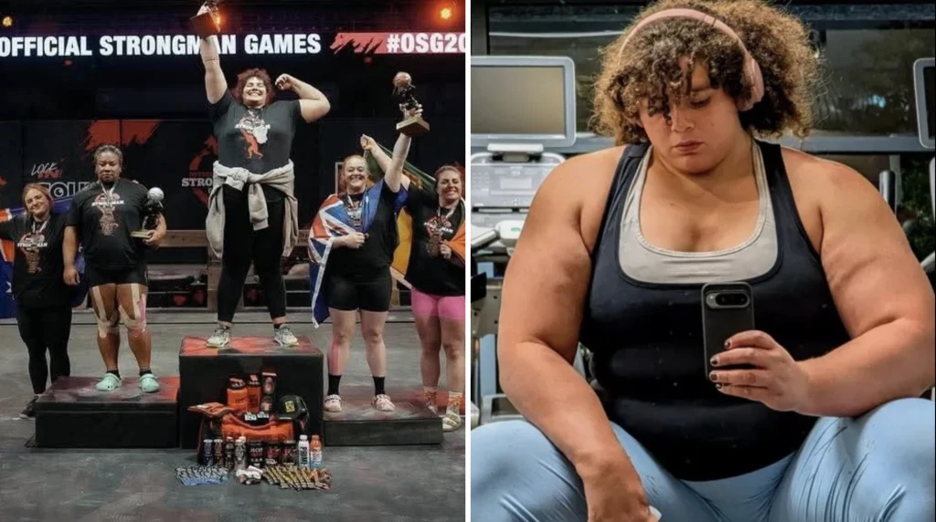 Jammie Booker Sportowcy na podium zawodów strongman świętują zwycięstwo, otoczeni medalami, trofeami oraz suplementami sportowymi, natomiast po prawej stronie znajduje się selfie jednej z uczestniczek siedzącej na siłowni, ubranej w sportowy strój.