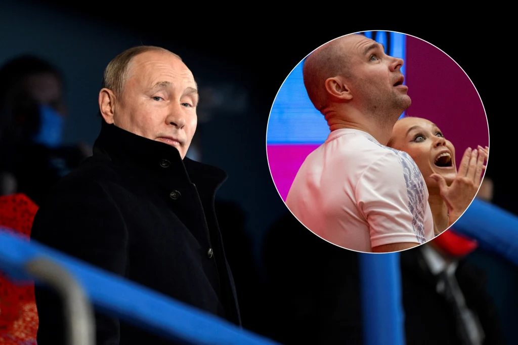 Zdjęcie z Władimirem Putinem wcale nie pomaga w sportowym świecie. Przekonała się o tym Angielina Mielnikowa Mężczyzna w ciemnym płaszczu spogląda w stronę obiektywu, w tle inne osoby niedokładnie widoczne. W okrągłym wstawieniu po prawej dwoje ludzi – mężczyzna i kobieta – patrzą w górę i wykazują entuzjastyczne emocje.