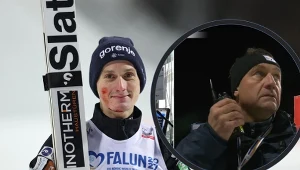 Domen Prevc, a w ramce Sandro Pertile, dyrektor PŚ w skokach, który nerwowo czekał na to, co się stało