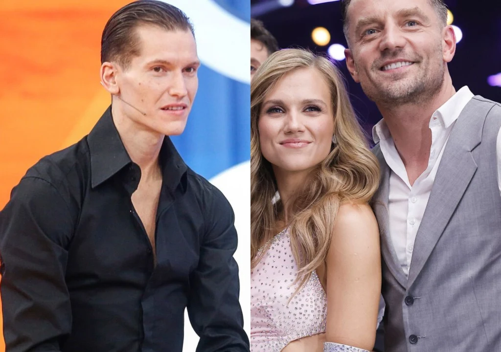 Jacek Jeschke, Marcin Rogacewicz, Agnieszka Kaczorowska Po lewej stronie młody mężczyzna w czarnej koszuli na tle kolorowego tła, po prawej para, kobieta z długimi blond włosami i mężczyzna w szarej marynarce stoją razem, uśmiechnięci, na tle sceny z kolorowymi światłami.