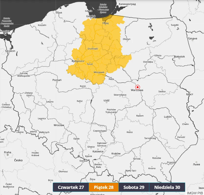 Mapa Polski z zaznaczonym na żółto regionem w północnej i środkowej części kraju, obejmującym miasta takie jak Bydgoszcz, Toruń, Gdańsk i okolice, oraz wyróżnionym dniem tygodnia 'Piątek 28' na dole mapy.