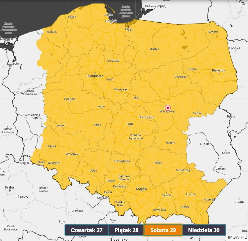 Mapa Polski z zaznaczonymi województwami w jednolitym żółtym kolorze, pokazujące ostrzeżenia meteorologiczne na określone dni tygodnia, z legendą wskazującą daty oraz z wyróżnioną Warszawą.