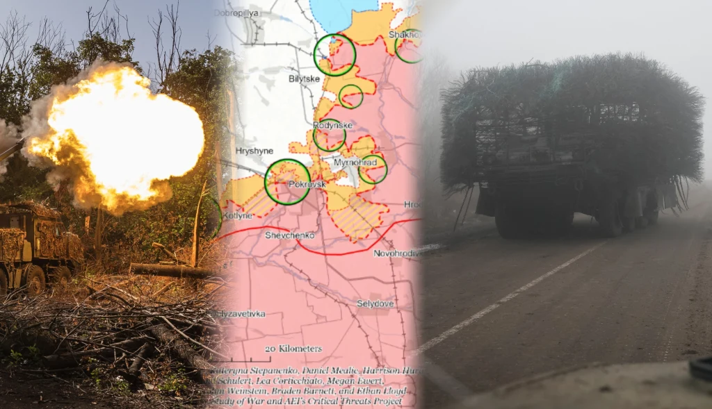 Po lewej stronie widoczny wybuch ognia z działa artyleryjskiego na tle suchych gałęzi i drzew, w centralnej części znajduje się szczegółowa mapa przedstawiająca rozmieszczenie wojsk oraz kluczowe obszary konfliktu, po prawej wojskowy pojazd transportow...