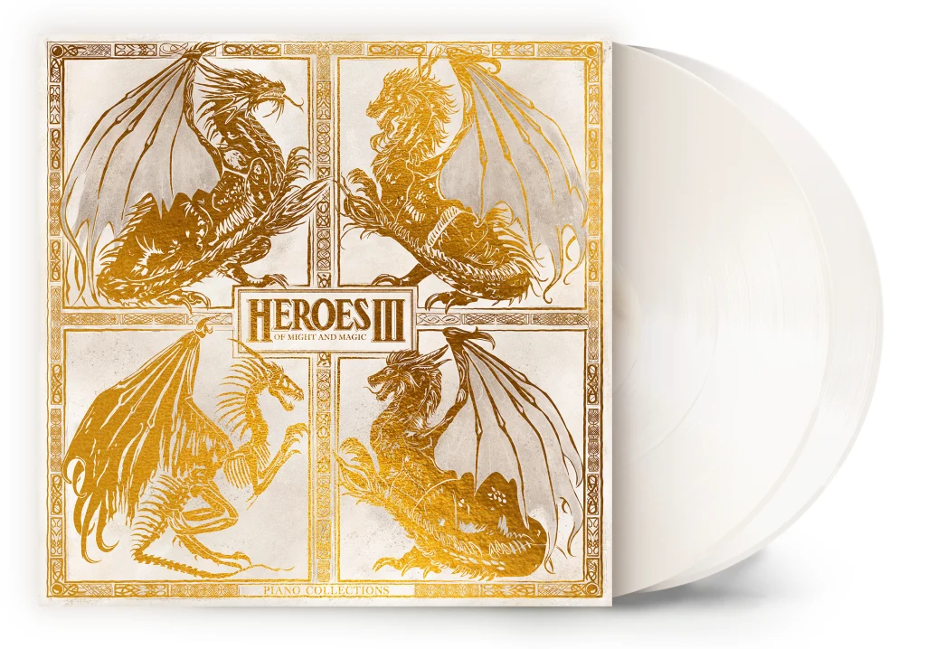 Okładka białej płyty winylowej ozdobiona złotymi grafikami czterech smoków w stylu fantasy oraz napisem Heroes III, sugerującym nawiązanie do gry komputerowej. Centralnie umieszczone logo przyciąga uwagę bogatym zdobieniem.