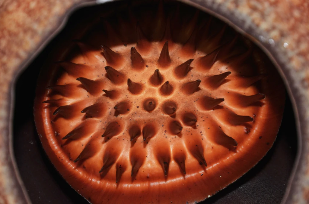 Wnętrze kwiatu z licznymi, ostro zakończonymi, nieregularnie rozmieszczonymi strukturami przypominającymi kolce o brązowo-czerwonym zabarwieniu.