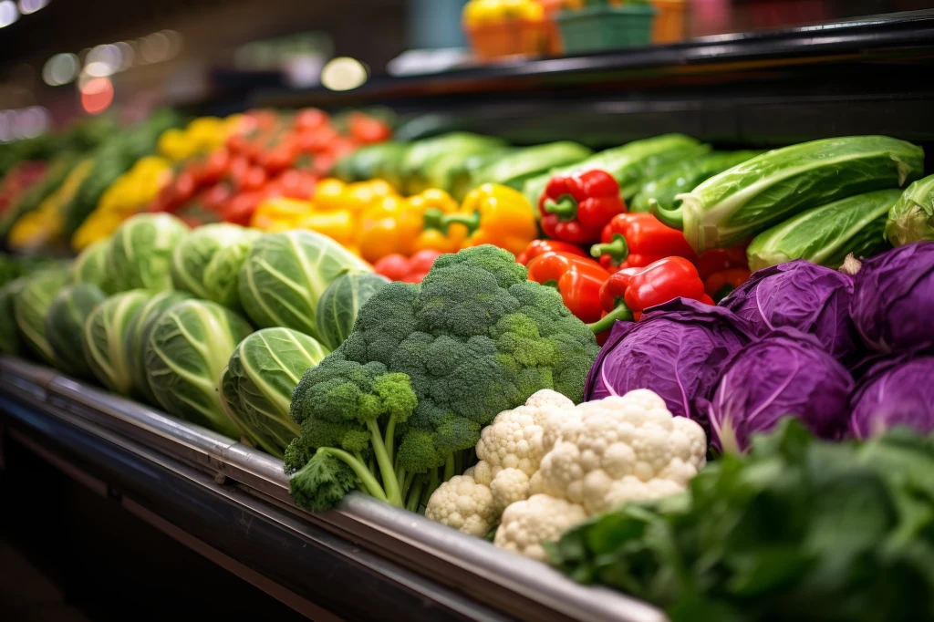 Kolorowe warzywa ułożone na półce w sklepie, widoczne brokuły, kapusta, kalafior, papryka oraz sałata.