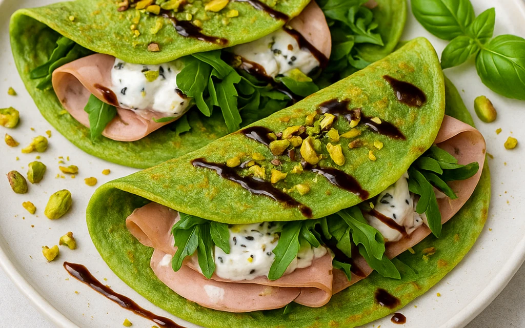 Zielone naleśniki z pistacjami i mortadellą 