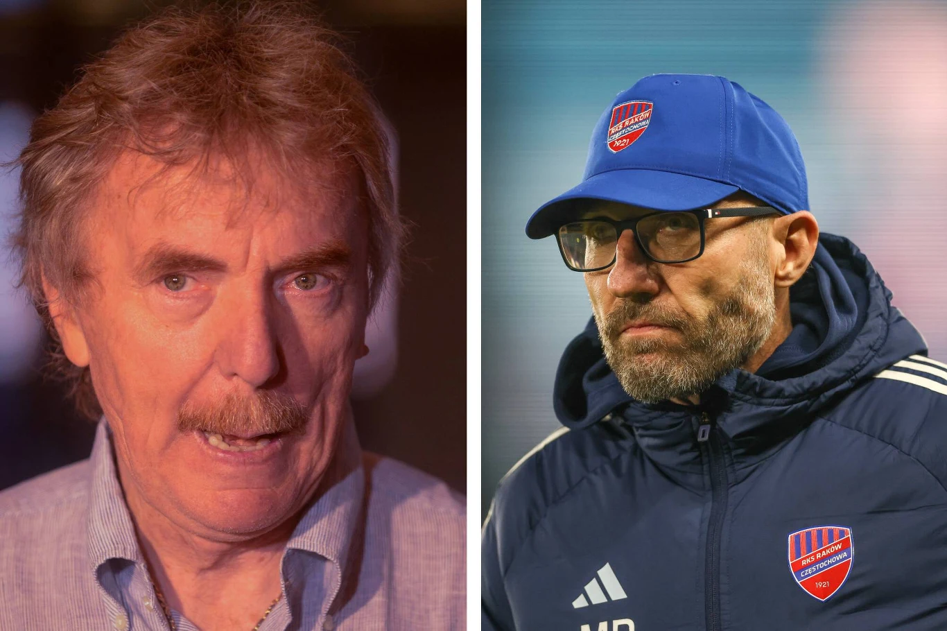 Po lewej starszy mężczyzna z wąsem w jasnej koszuli, po prawej mężczyzna w sportowej kurtce, czapce z daszkiem i okularach, z logo klubu sportowego na odzieży.