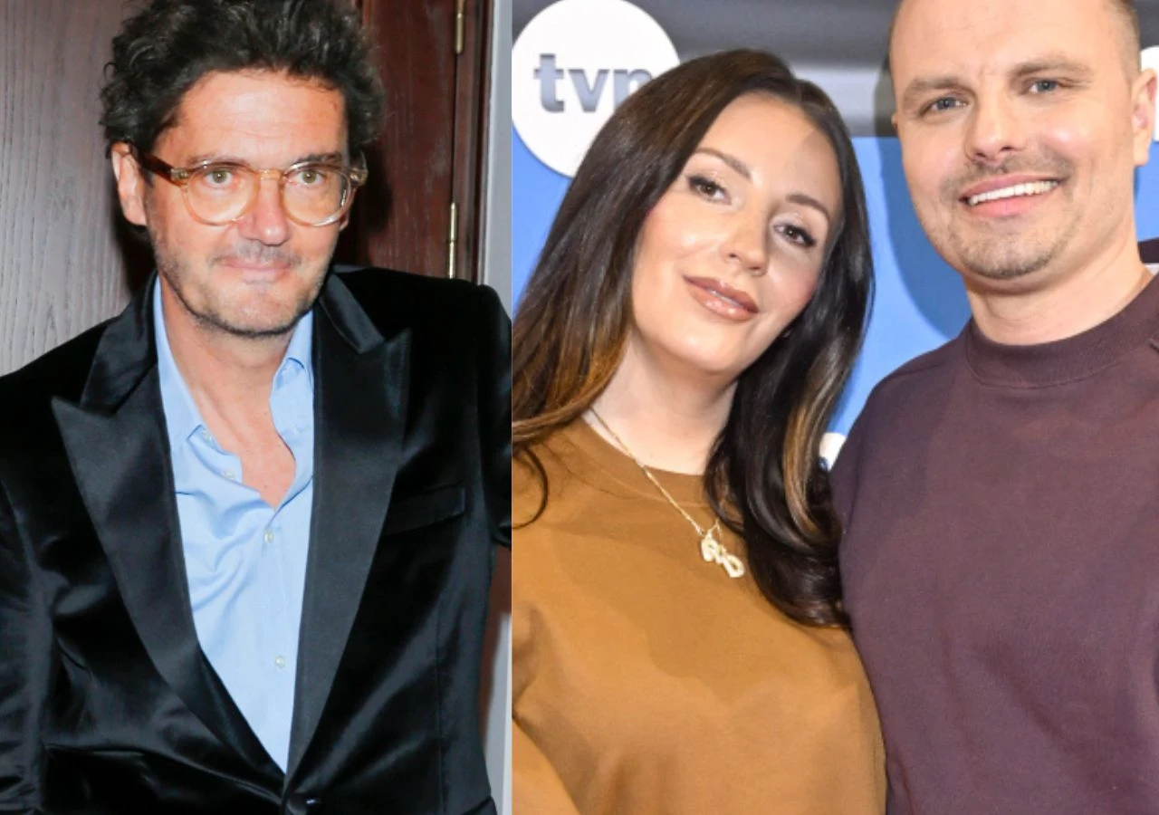 Marcin Hakiel odpowiedział Kubie Wojewódzkiemu Trzy osoby dorosłe, dwie stojące razem przy ścianie z logotypem TVN, ubrane w eleganckie stroje, trzecia osoba sfotografowana osobno, w marynarce i okularach. Tło kontrastuje przez połączenie ciemnych i jasnych elementów wizualnych.