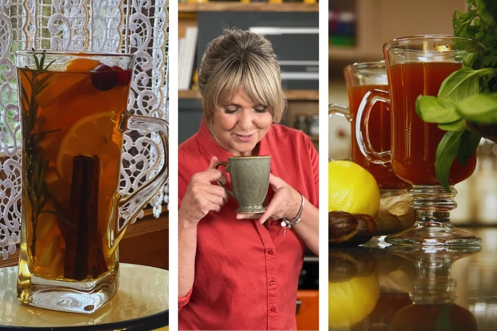 Ewa Wachowicz poleca dodatki do kawy i herbaty Kompozycja trzech obrazów, na których znajdują się filiżanki z gorącymi napojami, kawałkami cytryny, cynamonem i ziołami oraz kobieta w czerwonej bluzce, która wącha lub pije napój z kubka.