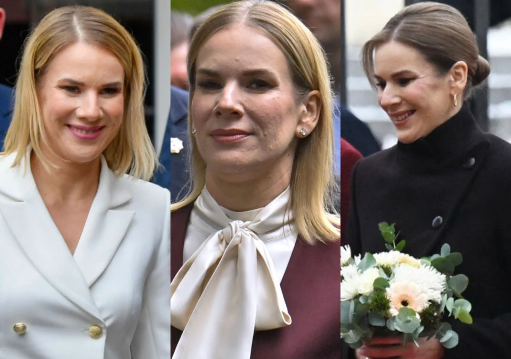 czerwiec, wrzesień i listopad 2025 Trzy kobiety w eleganckich strojach ukazane w różnych sytuacjach; jedna w białym żakiecie z uśmiechem, druga w bordowej marynarce i jasnej bluzce z kokardą, trzecia w czarnym płaszczu trzymająca bukiet kwiatów.