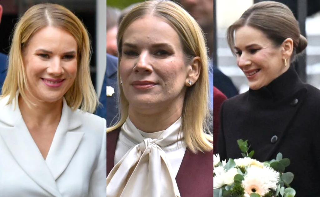 Metamorfozy Marty Nawrockiej: czerwiec, wrzesień i listopad 2025 Trzy kobiety w eleganckich ubraniach, każda w innej stylizacji, sfotografowane osobno w różnych okolicznościach. Jedna trzyma bukiet kwiatów.