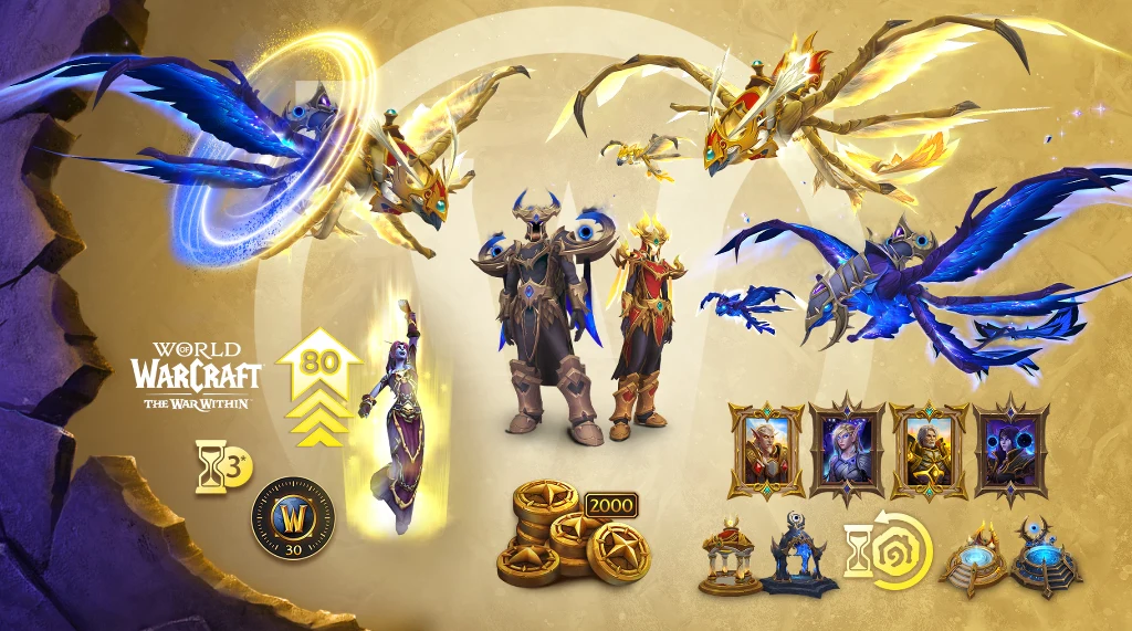 Dwóch fantastycznych bohaterów w zbrojach znajdujących się w centrum kompozycji, otoczonych smokami, złotymi monetami, ikonami nagród oraz emblematami. W tle dominuje złota aura i logo gry World of Warcraft: The War Within.