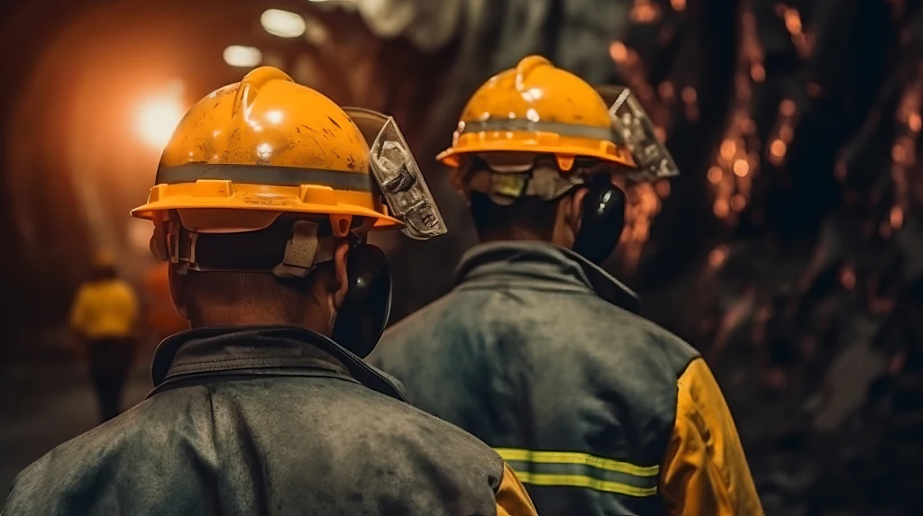 Dwóch pracowników w żółtych kaskach ochronnych i odblaskowych kurtkach stoi w tunelu oświetlonym ciepłym światłem, pracują prawdopodobnie w kopalni lub tunelu infrastrukturalnym.