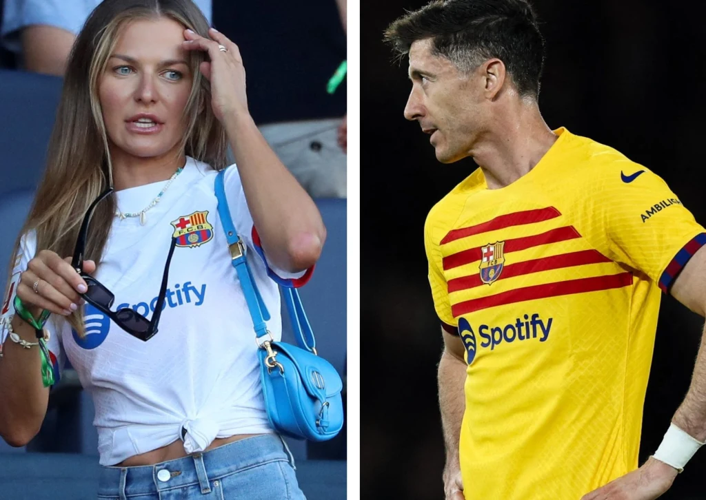 Po lewej stronie kobieta w białej koszulce i dżinsach z akcentami klubowymi FC Barcelony, trzyma okulary i torebkę, po prawej stronie mężczyzna w żółtej koszulce FC Barcelony podczas meczu, obie osoby noszą odzież z logotypem Spotify i klubowym herbem.