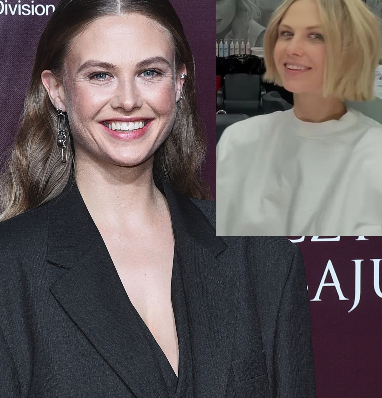 Uśmiechnięta kobieta w eleganckiej, czarnej marynarce na tle bordowej ścianki, z długimi, jasnobrązowymi włosami, obok wstawki ukazującej tę samą osobę w krótkiej fryzurze w salonie fryzjerskim.