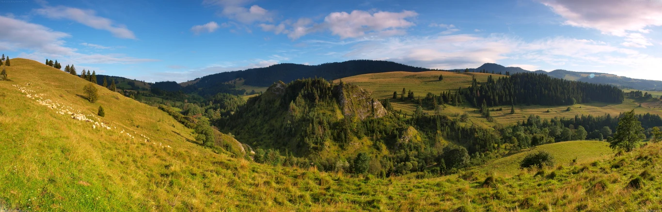Panorama zielonych wzgórz z lasem iglastym i skalistym urwiskiem na pierwszym planie, rozległe połacie traw i pagórków, na dalszym planie ciemniejsze pasma leśne i niebieskie niebo z lekkim zachmurzeniem.