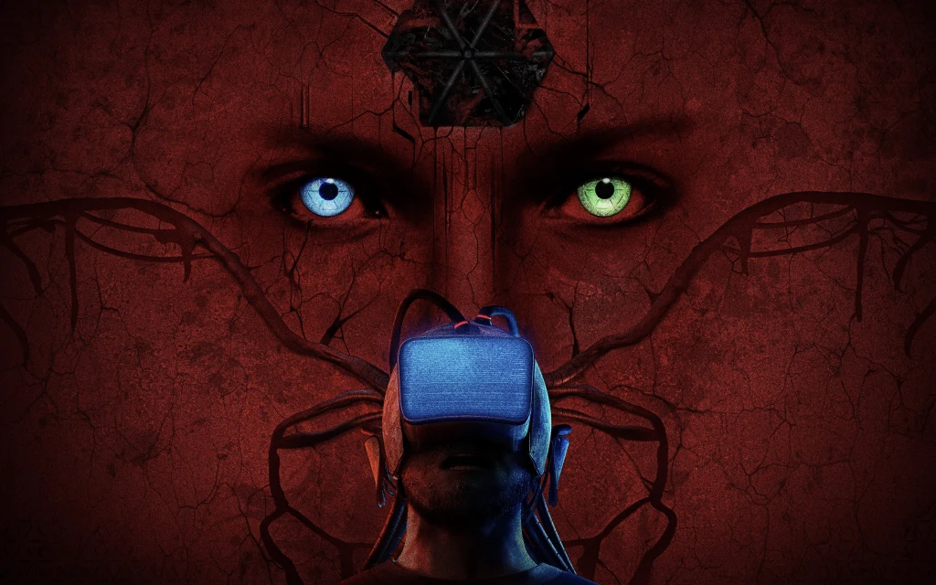 Człowiek w hełmie rzeczywistości wirtualnej na tle dużych, hipnotyzujących oczu o różnych kolorach, wtopionych w czerwone tło z siecią grafiki przypominającej neurony.