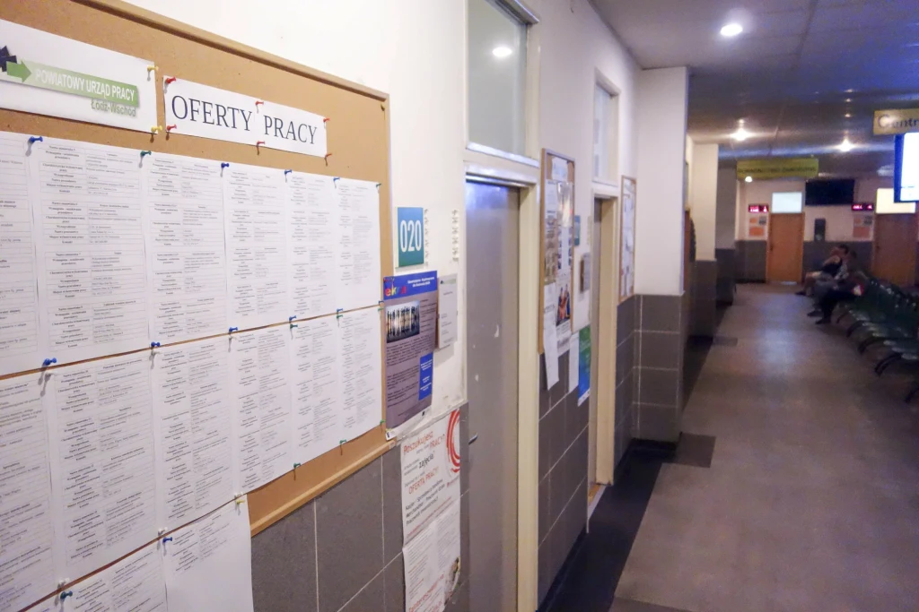 ZEM w Ełku zapowiedział zwolnienia grupowe. W aktywizacji zawodowej zwalnianych mają pomóc urzędnicy. Zdj. ilustracyjne Tablica ogłoszeń z licznymi ofertami pracy umieszczona na ścianie korytarza w urzędzie pracy, widoczny pusty korytarz z zielonymi krzesłami i drzwiami prowadzącymi do innych pomieszczeń.
