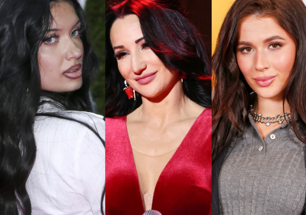 Trzy kobiety pozujące na podzielonym fotografii, każda spoglądająca w stronę aparatu. Centralna postać ubrana w elegancką czerwoną suknię, kobiety po bokach mają długie ciemne włosy oraz różnią się stylem ubioru.