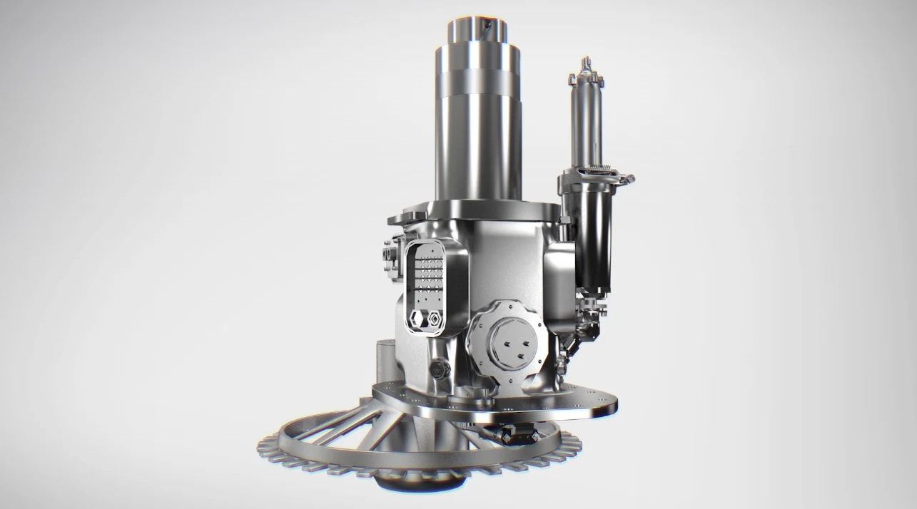 Zaawansowana głowica maszynowa ze stali nierdzewnej z elementami napędowymi, przekładniami i tłokiem hydrauliczno-pneumatycznym ustawiona na metalowym kole zębatym, całość utrzymana w industrialnym stylu.