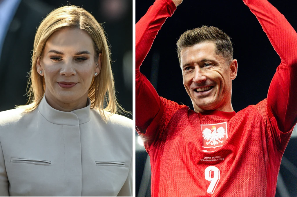 Portret kobiety w jasnym stroju na tle rozmytego otoczenia oraz sportowiec w czerwonej koszulce reprezentacji Polski z numerem 9, unoszący ręce w geście triumfu, uśmiechnięty, na stadionie.