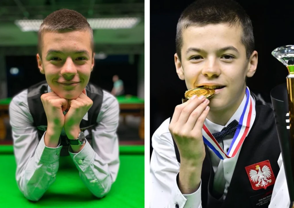 Młody chłopak w eleganckim stroju bilardowym na sali gry oraz podczas świętowania sukcesu z medalem i pucharem, na marynarce widoczny herb Polski.