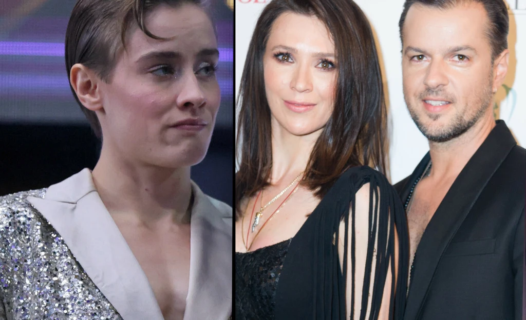 Katarzyna Zillmann, Janja Lesari i Krzysztof Hulboj Po lewej stronie młoda kobieta w eleganckiej, srebrzystej marynarce na jasnym tle, po prawej para uśmiechniętych dorosłych ubranych w stroje wieczorowe, stojących na tle ściany z logo.