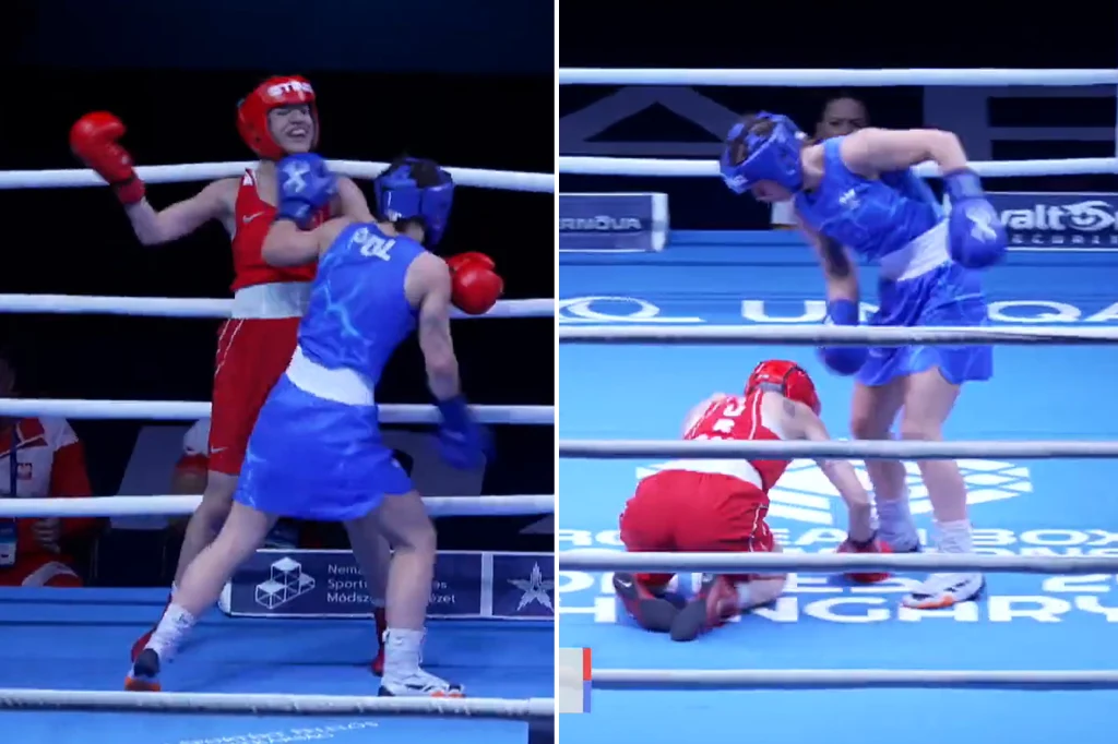 Nikola Prymaczenko walczyła o finał całym sercem. Sędziowie punktowali niejednogłośnie, 3:2 Dwóch bokserów rywalizujących na ringu, jeden w czerwonym a drugi w niebieskim stroju ochronnym. Po lewej zawodniczka w niebieskim wyprowadza cios prawym sierpem w kierunku zawodniczki w czerwonym. Po prawej stronie zawodniczka w czerwonym znajduje się...