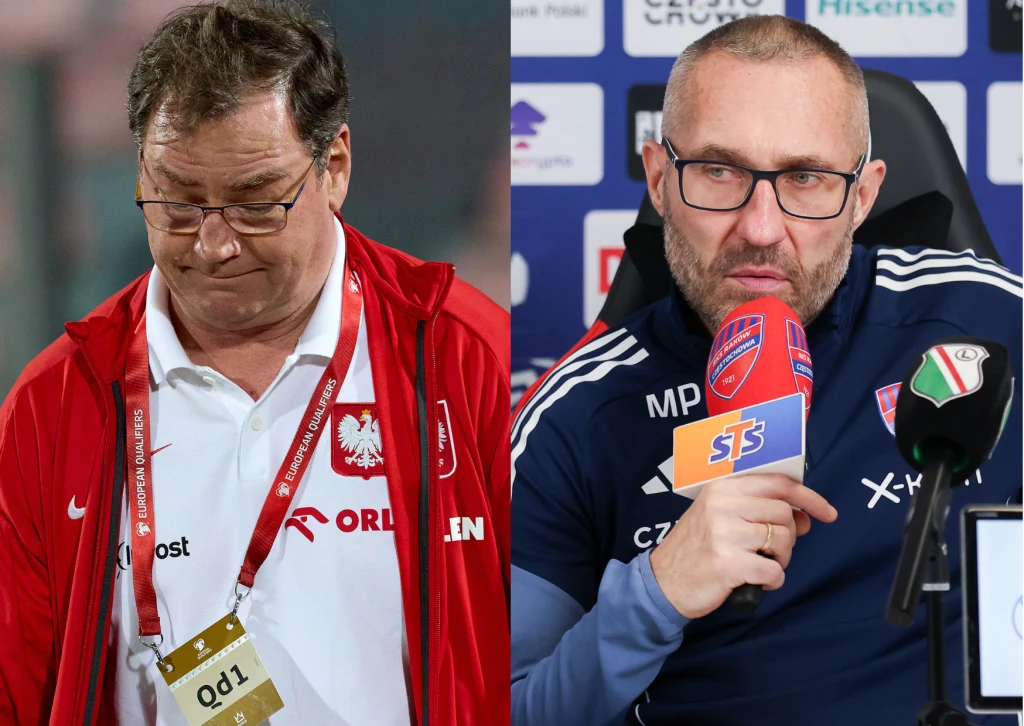 Jan Urban i Marek Papszun Dwóch mężczyzn ubranych w sportowe stroje reprezentacyjne, jeden z nich nosi odzież z godłem Polski i smyczą Orlen, drugi siedzi przed mikrofonem z logotypami sponsorów, w trakcie konferencji prasowej.