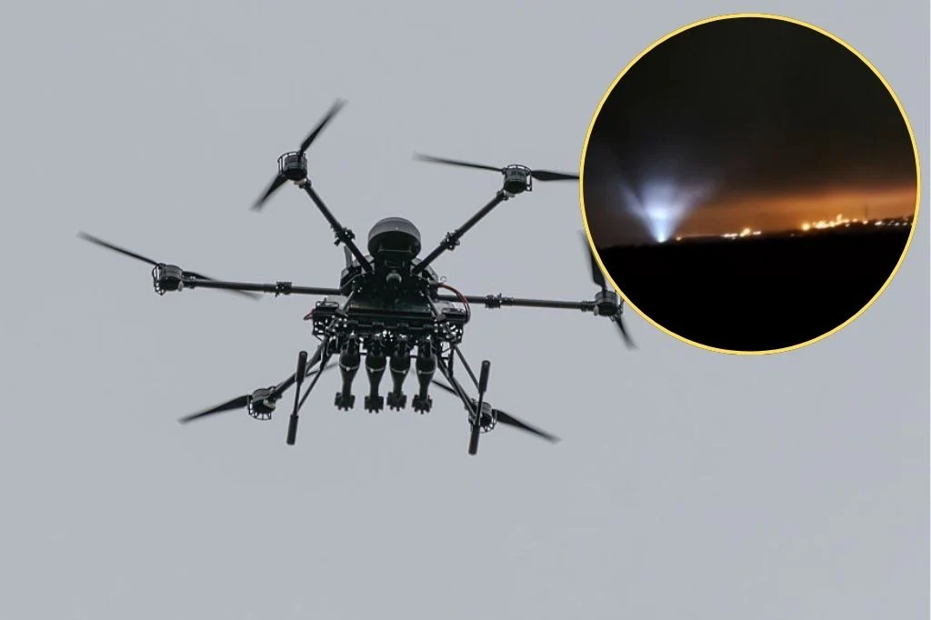 Duży dron z sześcioma ramionami unoszący się w powietrzu, wyposażony w kilka zamontowanych urządzeń na kadłubie. W prawym, okrągłym wycinku zbliżenie jasnego światła na tle nocnego nieba i odległego miasta.