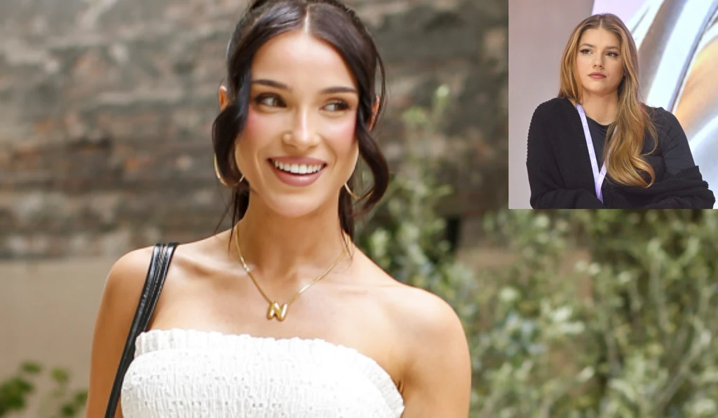 Uśmiechnięta kobieta w białej sukience z czarną torebką na ramieniu, stojąca na tle naturalnej zieleni, w prawym górnym rogu drugie zdjęcie kobiety w czarnym swetrze z długimi blond włosami, siedzącej na tle rozmytym.