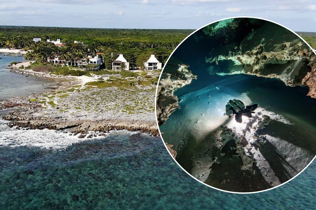 Część wybrzeża w stanie Quintana Roo w Meksyku, w pobliżu którego znajduje się system jaskiń Ox Bel Ha. Obok ujęcie z nurkowania w jego korytarzach. Wybrzeże porośnięte zielenią z linią zabudowań, a w okrągłej wstawce nurek eksplorujący podziemną jaskinię w świetle latarki pośród skalistych ścian.